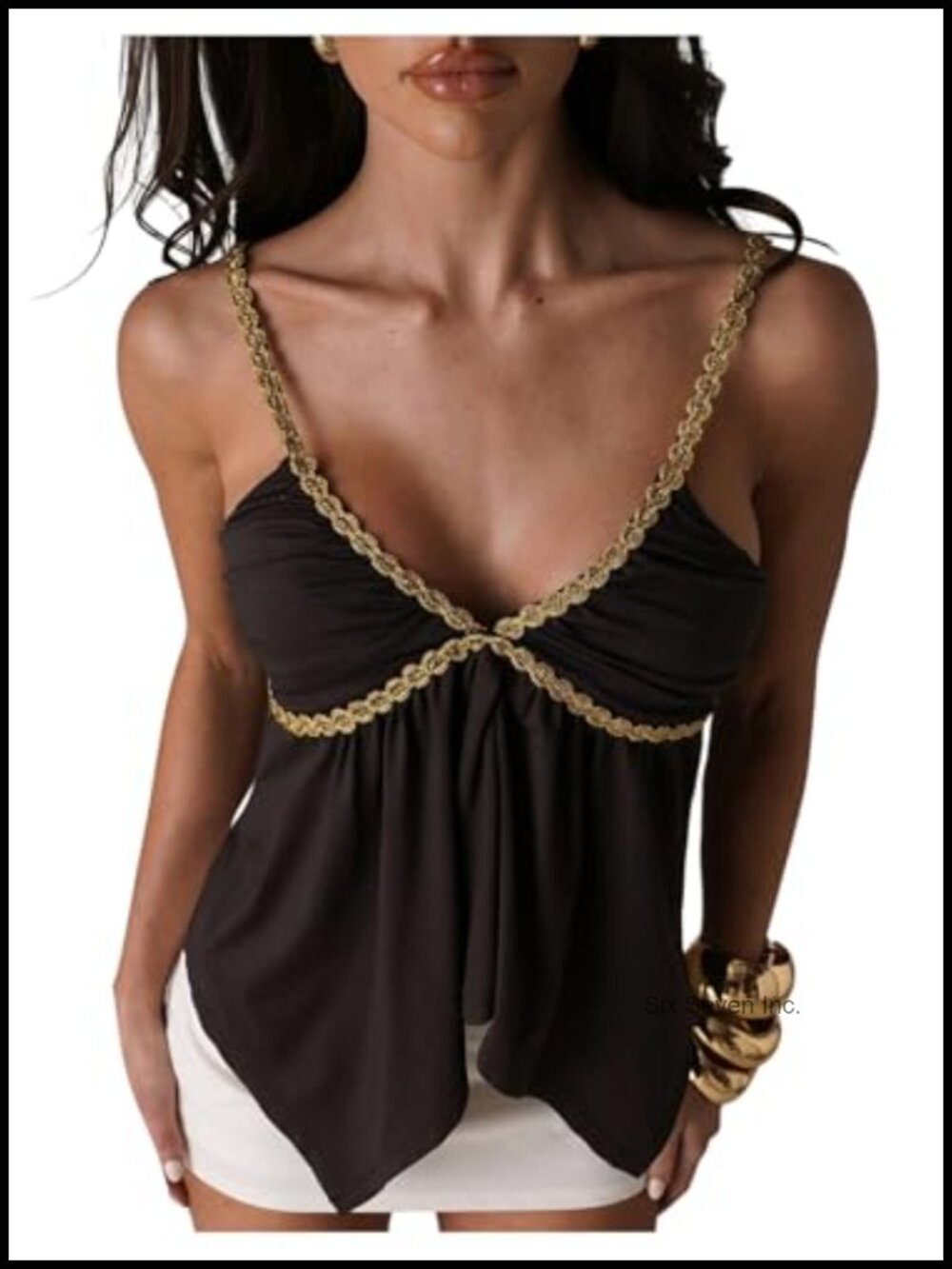 Spaghetti Strap Ruffle Peplum Cami Top Deep V-Neck Going Out
